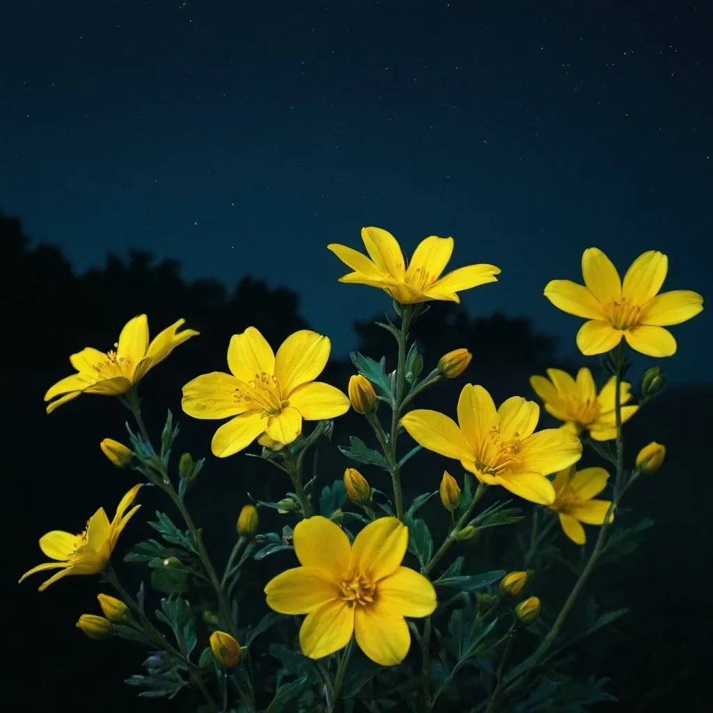 Prompt: yellow flowers come down from the dark sky