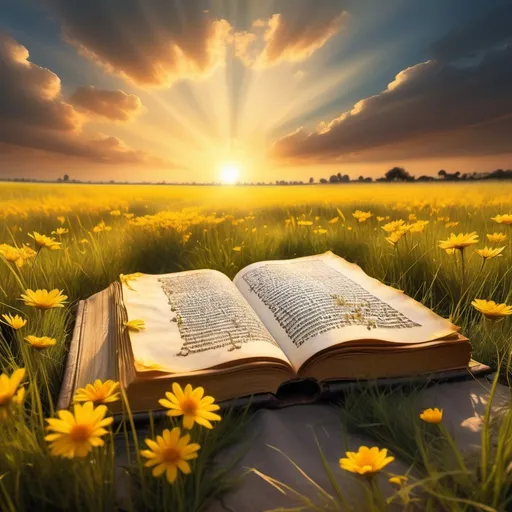 Prompt: a grass field, sunset, an ancient prayer book is open Hebrew letters, yellow bright flowers fly from the prayer book pages towards the sky