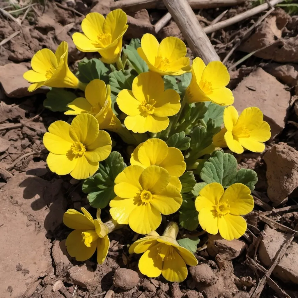 Prompt: Broken archeological earthenware scattered on the ground, yellow beautiful primroses are popping from and between them