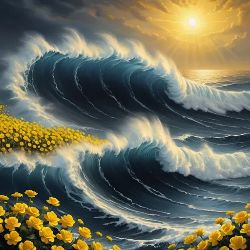 Prompt: Biblical scene of parting the Red Sea, majestic black waves, towering height, vibrant yellow flowers in the middle instead of the people crossing, between the towering waves high quality, realistic, biblical, majestic tall  waves that reach the sky, yellow flowers in the middle detailed, intense lighting