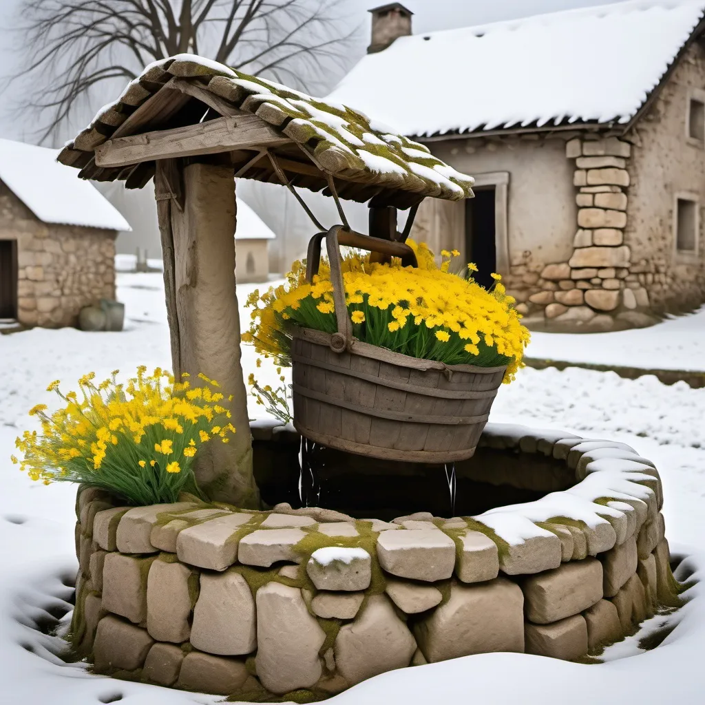 Prompt: village well, made of old stones, winter day, strong hands pull up a backet filled with bright yellow flowers