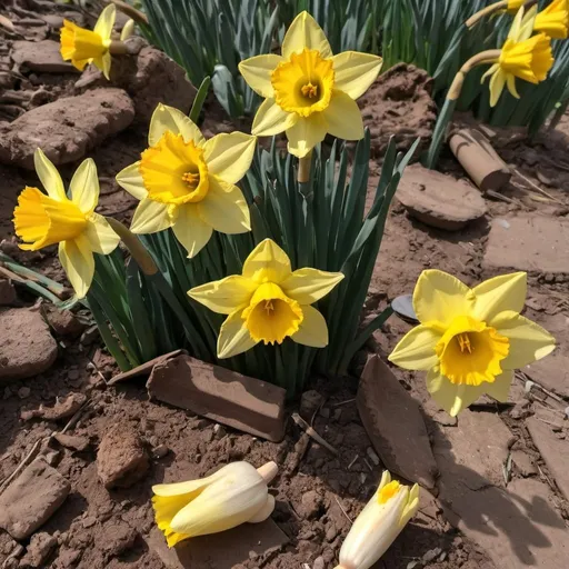 Prompt: Broken archeological earthenware scattered on the ground, yellow beautiful daffodils  are popping from and between them