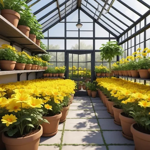 Prompt: 120 pots with bright yellow flowers in a small greenhouse, vibrant and lush, detailed 3D rendering, high quality, botanical art, warm natural lighting, greenery-filled environment, quaint and cozy, detailed flowers, realistic textures, professional, summer vibes, ultra-detailed, vibrant colors, cozy atmosphere