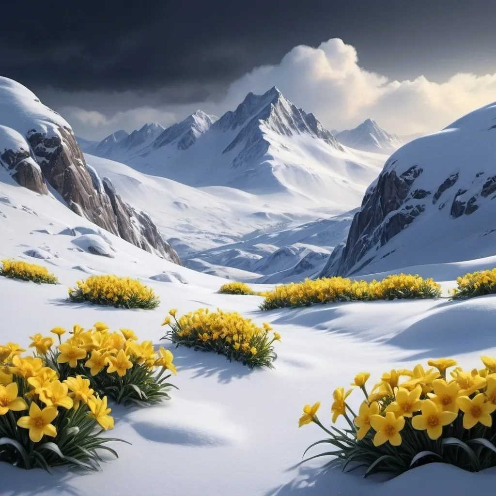 Prompt: Snowy mountaintops , icy terrain, dark sky, 120 yellow beautiful flowers are scattered in the snow. serene atmosphere, high contrast, realistic, snowy peaks, winter landscape, tranquil, detailed ice formations, scenic, 4k, high resolution, serene lighting, natural beauty, yellow flowers, realistic snow, peaceful, calming, detailed landscape, beautiful, tranquil atmosphere, majestic, snow-covered scene