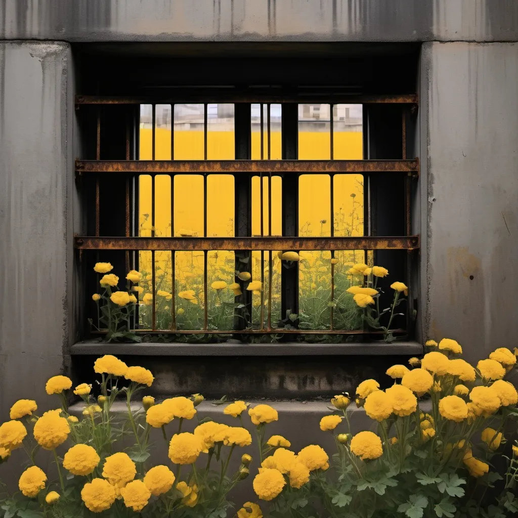 Prompt: dark windows, narrow, rusted prison like  bars block the view from inside yellow flowers peep peer