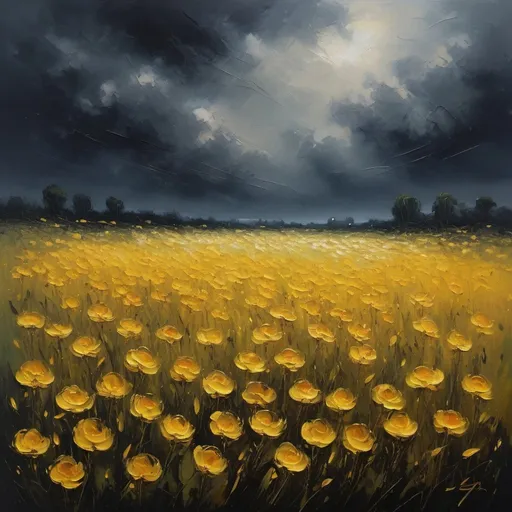 Prompt: Field of yellow flowers in dark skies, swaying in the wind, oil painting, gloomy atmosphere, high quality, impressionism, dark tones, subtle lighting, detailed flowers, dynamic movement, mysterious ambiance