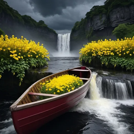 Prompt: (old wooden rowing boat) filled with (beautiful bright yellow flowers), precariously perched atop a (flowing waterfall), against a (dramatic dark sky). Capture the tension between the vibrant flowers and the stormy atmosphere, with a captivating contrast in colors. Emphasize reflections in the water, lush greenery surrounding the falls, and convey a sense of wonder and intrigue. (4K) quality, ultra-detailed.