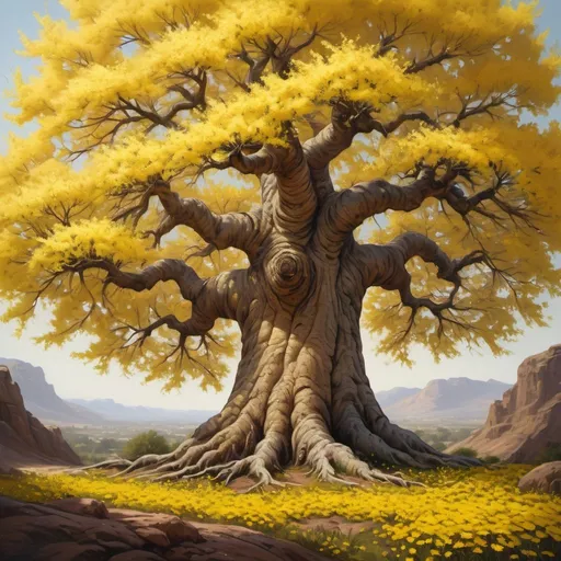 Prompt: Detailed, high-resolution image of a majestic tree with big, beautiful yellow blossoms. picture taken from above so blossom controls the picture. strong trunk not creepy.
 roots visible underground, warm natural lighting, realistic oil painting, earthy tones, intricate details, ultra high-res, vibrant colors, realistic style, detailed blossoms, 