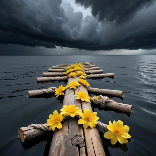 Prompt: a raft made of old cracked wood logs, attached with a heavy rope, in the middle of a stormy dark sea, clouded sky, filled with bright yellow flowers