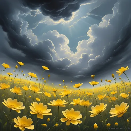 Prompt: (vibrant yellow flowers), all sizes, (floating in air), descending gracefully, (clouded sky), dark  clouds, a dreamy atmosphere, whimsical mood, gentle sunlight filtering through clouds, (high detail), (ultra-detailed), dynamic composition, serene backdrop, bright and uplifting scene, creating a sense of wonder.