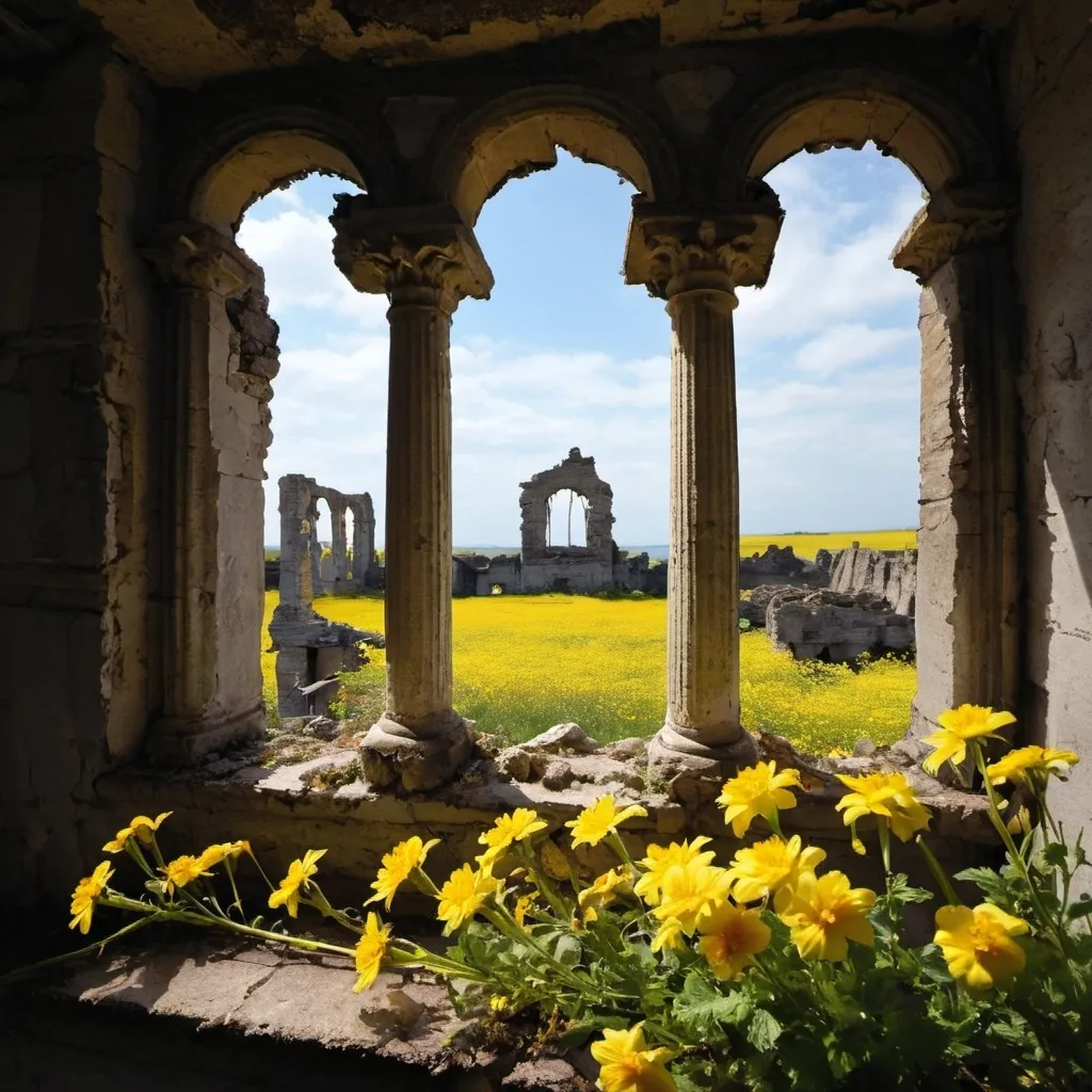 Prompt: ruins of a shake, from the windows peep out yellow beautiful flowers. the sky is dark only on ray of sunshine is seen 