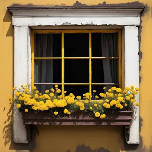 Prompt: dark windows, narrow,  rusted bars. Yellow flowers peer