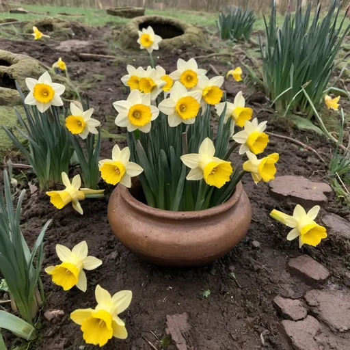 Prompt: 5  , broken  ancient  earthen vessels , are scattered on the ground. In them and between them are  yellow daffodils  yellow primroses, yellow Billy buttons 