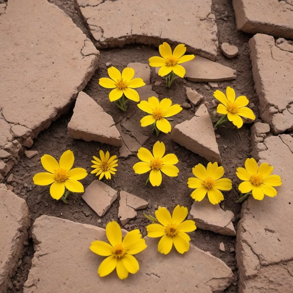 Prompt: 5 shattered , broken  Pieces of ancient  earthenware , are scattered on the ground. In them and between them grow beautiful , natural wild yellow flowers .