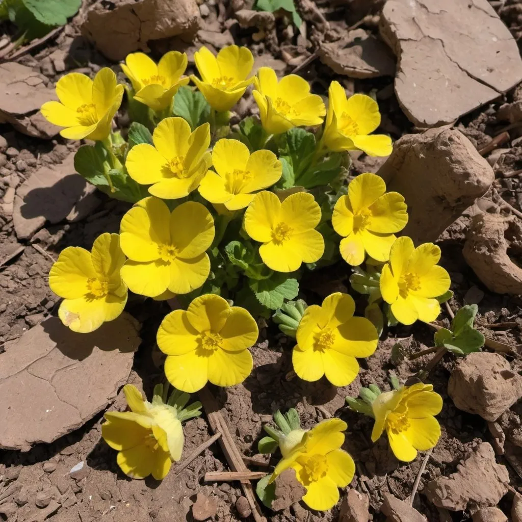 Prompt: Broken archeological earthenware scattered on the ground, yellow beautiful primroses are popping from and between them