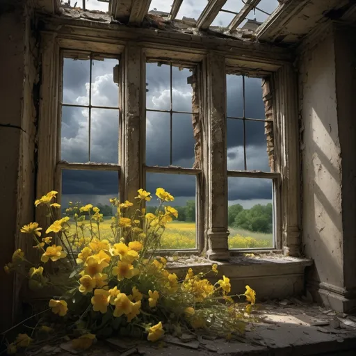 Prompt: ruins of a shake, from the windows peep out yellow beautiful flowers. the sky is dark only on ray of sunshine is seen 