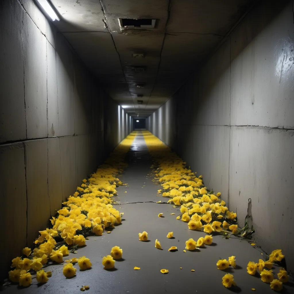 Prompt: a dark, scary, broken, shabby, narrow in disarray, tunnel, made of concrete,  no light , yellow flowers on the floor