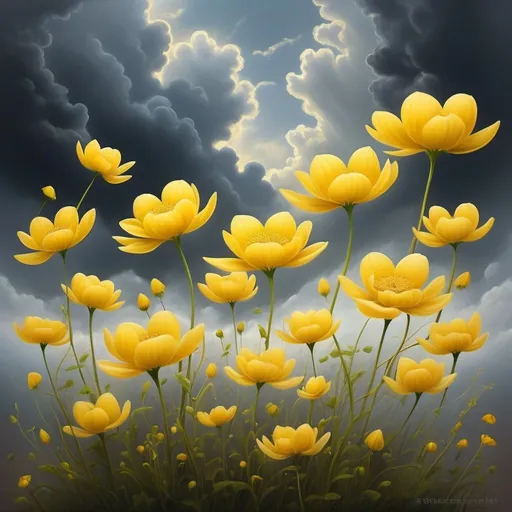 Prompt: (vibrant yellow flowers), all sizes, (floating in air), descending gracefully, (clouded sky), dark  clouds, a dreamy atmosphere, whimsical mood, gentle sunlight filtering through clouds, (high detail), (ultra-detailed), dynamic composition, serene backdrop, bright and uplifting scene, creating a sense of wonder.