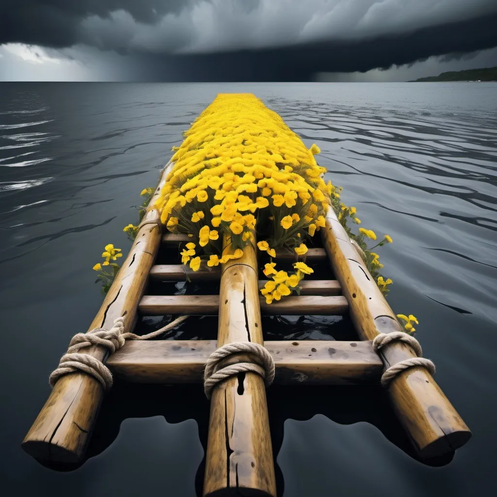 Prompt: a raft made of old cracked wood logs, attached with a heavy rope, in the middle of a stormy dark sea, clouded sky, filled with bright yellow flowers