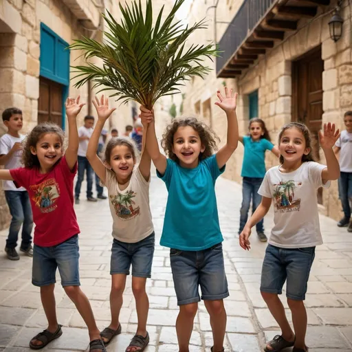 Prompt: Group of children dancing holding in their hands palm tree branches, vibrant and playful, old city in Jerusalem  streets, high quality, colorful, joyful, traditional, vibrant street dance, detailed facial expressions, lively, joyful atmosphere, street celebration, natural lighting, traditional art style