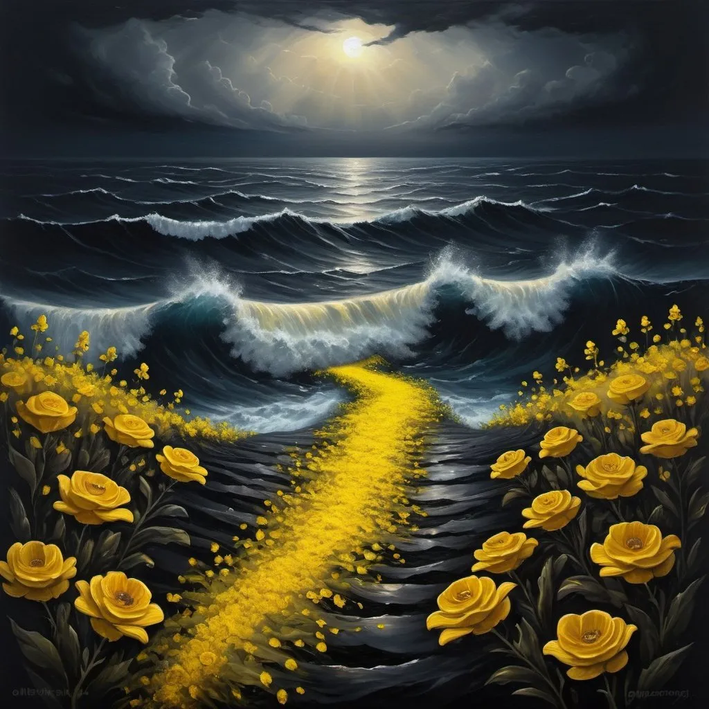 Prompt: Narrow path of yellow flowers grow  in the middle of a dark sea, on both sides of the flowers, that lead to the horizon, dark, black raging waves, about to explode on the flowers, stormy atmosphere, detailed flowers, stormy waves, high quality, surreal, oil painting, dramatic, dark tones, intense lighting