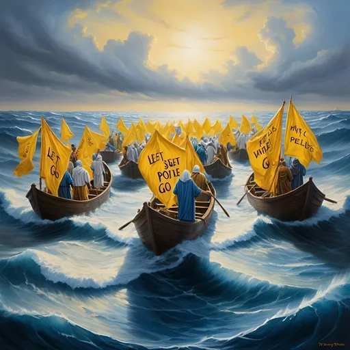 Prompt: Israelites  are crossing the sea by foot. they walk in the middle of the sea. no water where they walk.They are dressed in blue and white, walls of water on both sides, bright yellow 'let my people go' letters in the sky, realistic oil painting, detailed waves, historical, vibrant color tones, dramatic lighting