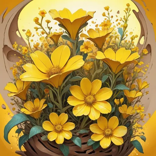 Prompt: Heaps of broken earthen vessels, vibrant yellow flowers in varying sizes and shapes,  high quality, digital painting, bright and colorful, detailed shards, organic growth, surreal, art nouveau, vibrant, floral explosion, soft lighting