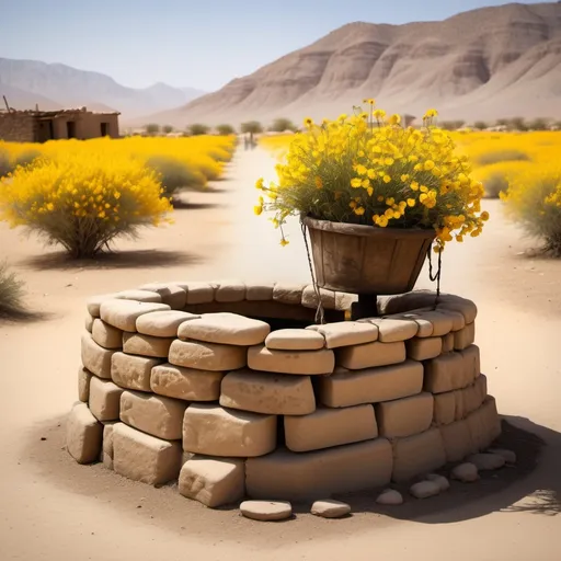 Prompt: village well, made of old stones, desert scenery, burning sun strong hands pull up a backet filled with bright yellow flowers