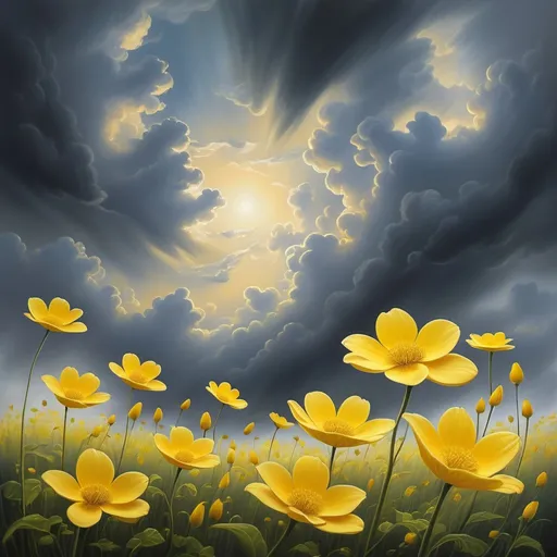 Prompt: (vibrant yellow flowers), all sizes, (floating in air), descending gracefully, (clouded sky), dark  clouds, a dreamy atmosphere, whimsical mood, gentle sunlight filtering through clouds, (high detail), (ultra-detailed), dynamic composition, serene backdrop, bright and uplifting scene, creating a sense of wonder.