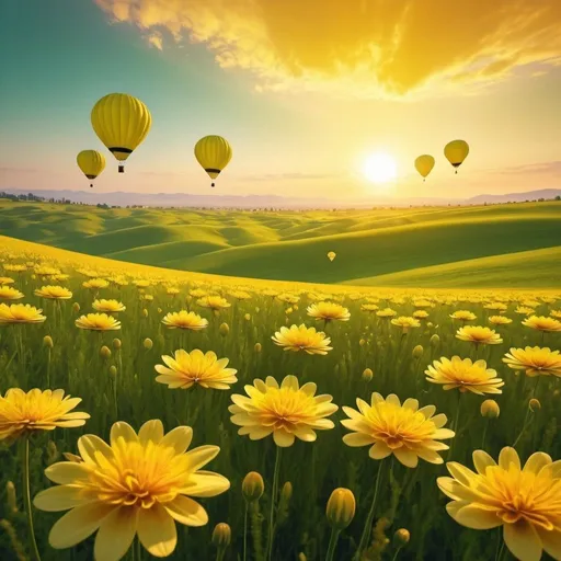 Prompt: Sunset over green meadows,120   parachutes shaped like bright yellow flowers floating in the air, vibrant and warm tones, high quality, detailed landscape, dreamlike, surreal, soft lighting