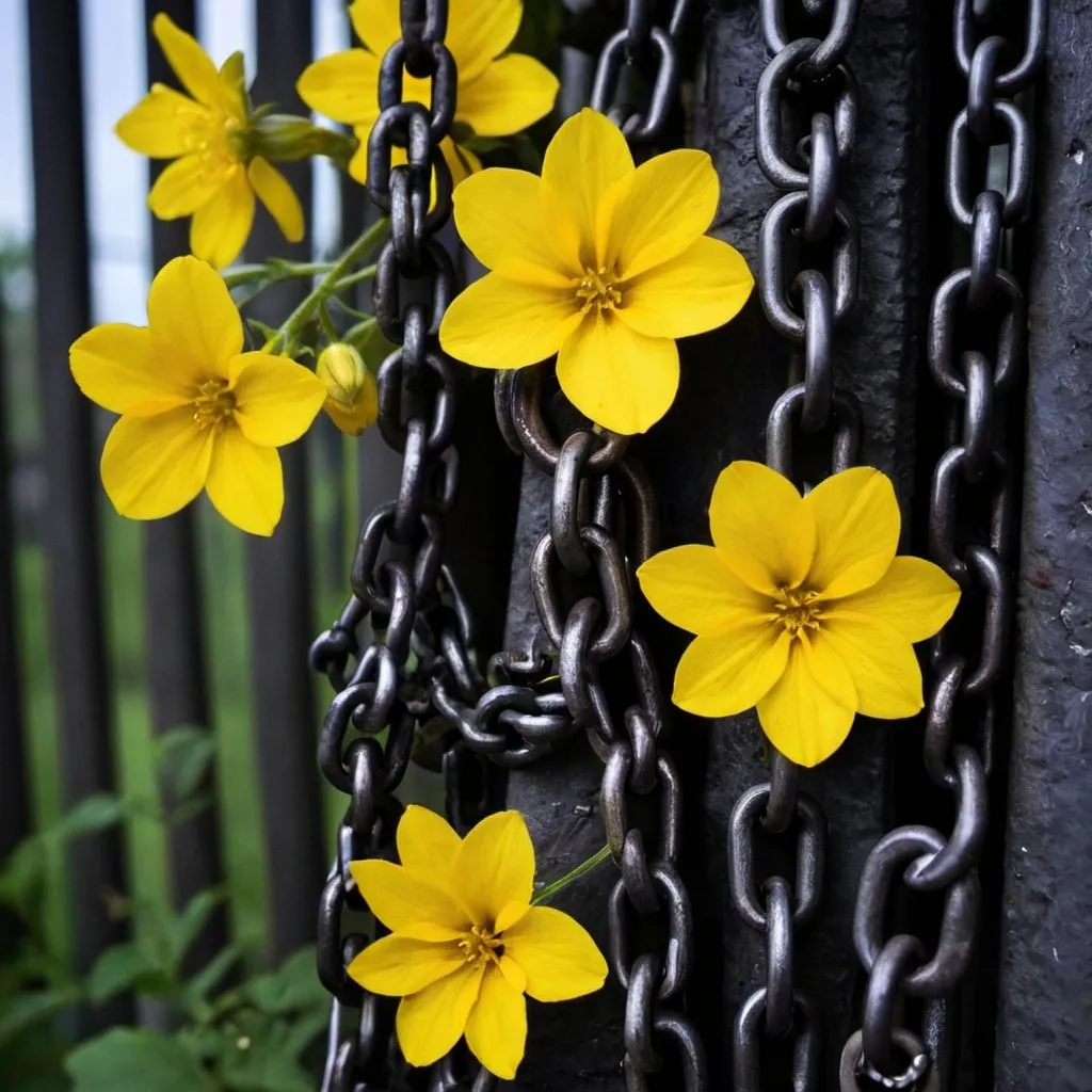 Prompt: dark chains, yellow flowers peeking up from it