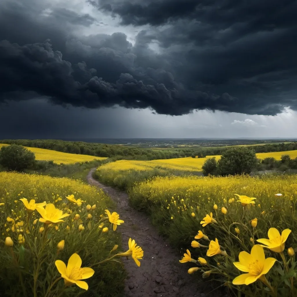 Prompt: dark sky, windy landscape, yellow flowers go down from the sky