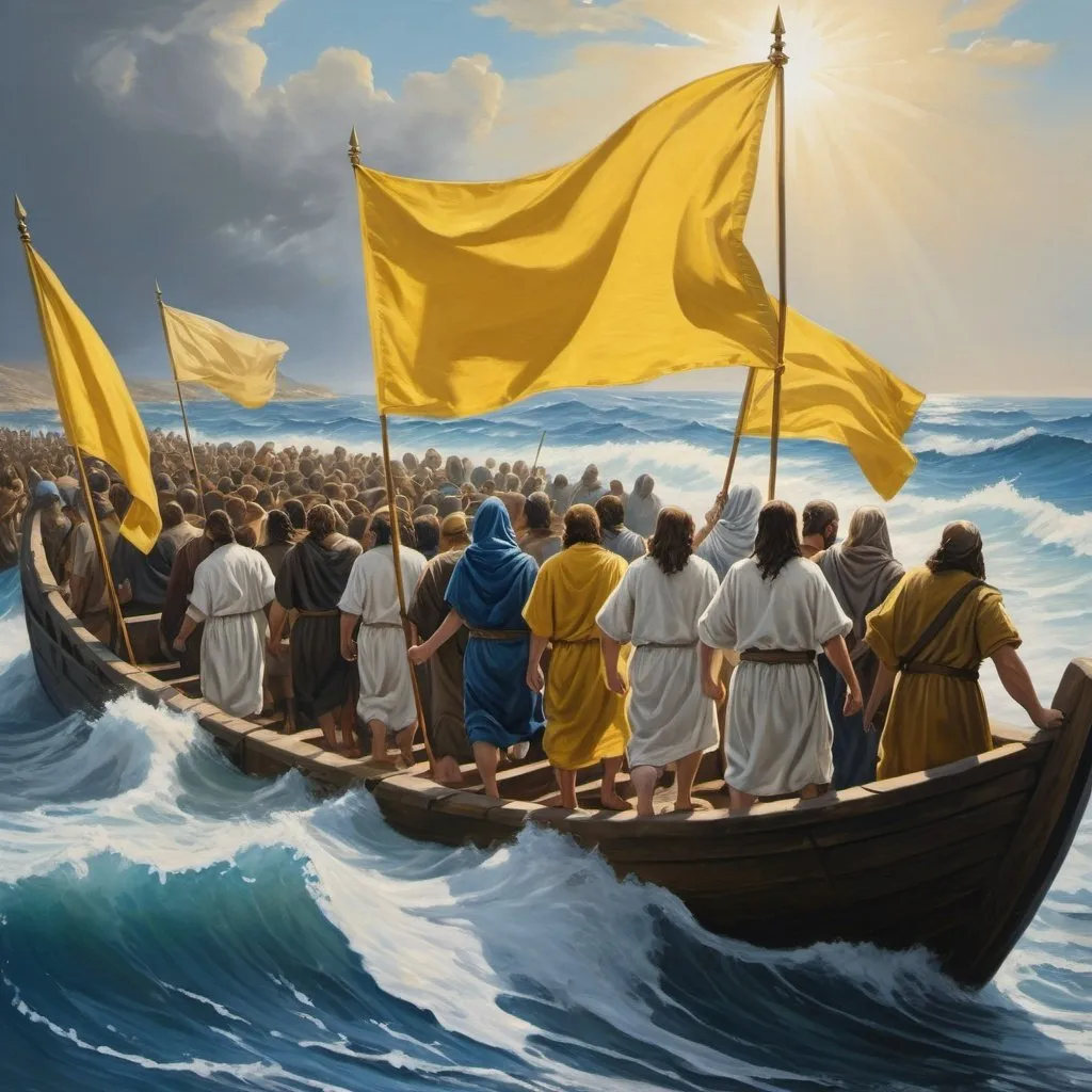 Prompt: Israelites crossing the sea, biblical scene, hand-carried babies, men, women, children, blue and white clothing, holding yellow flags, vast crowd, seen from the back  detailed ocean waves, historical artwork, high quality, oil painting, biblical style, serene lighting, traditional colors