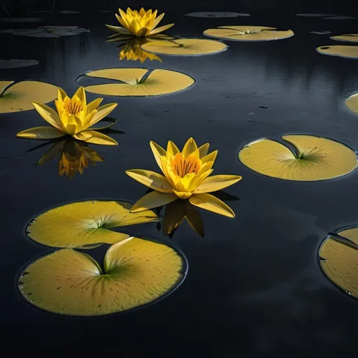 Prompt: dark sky, dark water, pieces of ash ice floating, (vibrant yellow lilies) on water's surface, dramatic contrasts, serene yet eerie atmosphere, high detail, (cinematic lighting), (4K quality), mysterious textures, reflections on water, with haunting shadows, moody ambiance, tranquil yet poignant scenery, evocative imagery.