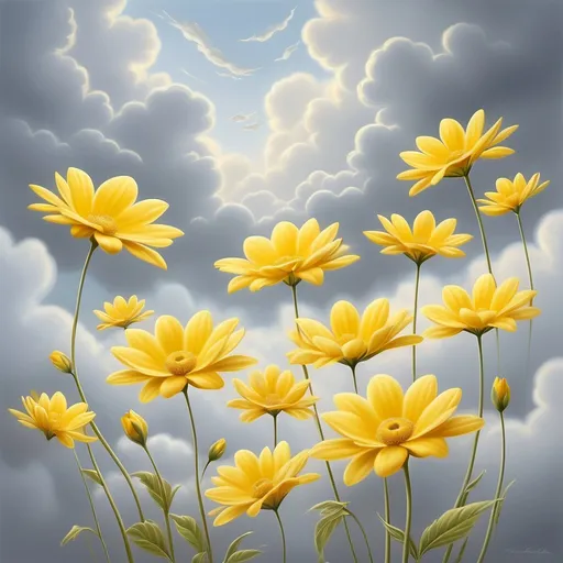 Prompt: (vibrant yellow flowers), all sizes, (floating in air), descending gracefully, (clouded sky), soft gray clouds, a dreamy atmosphere, whimsical mood, gentle sunlight filtering through clouds, (high detail), (ultra-detailed), dynamic composition, serene backdrop, bright and uplifting scene, creating a sense of wonder.