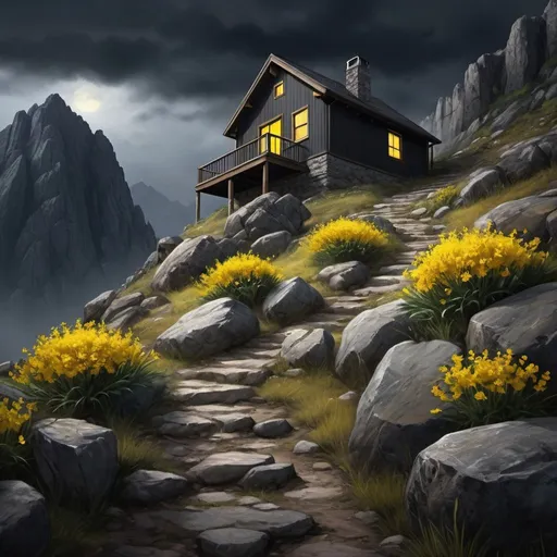 Prompt: Towering dark rocky mountain, narrow path from mountain bottom to top, bright yellow flowers on path, leads to a 
 a small house , dark black sky, detailed rock texture, realistic, rocky terrain, atmospheric, highres, detailed, realistic, lighting , detailed rock texture, realistic, rocky terrain, atmospheric, 