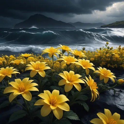 Prompt: ( many beautiful bright yellow flowers) growing in the middle of a small island, surrounded by (harsh dark waves), dark sky, high contrast between vibrant yellow and dark surroundings, dramatic lighting, highly detailed, cinematic color depth, emotional tension in the atmosphere, ultra-high-definition, intricate flower petals, stormy and ominous background, high-quality rendering, 4K, realistic water texture, vivid details on the flower making it stand out, mood of resilience amidst adversity, (ethereal glow around the flower).