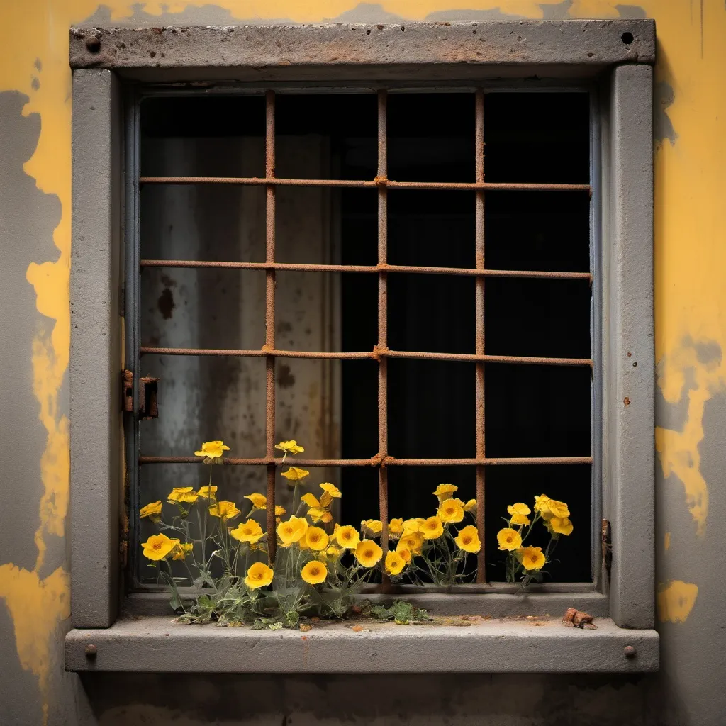 Prompt: dark windows, prison bars on window, rust and old, yellow  flowers peep from inside to outside