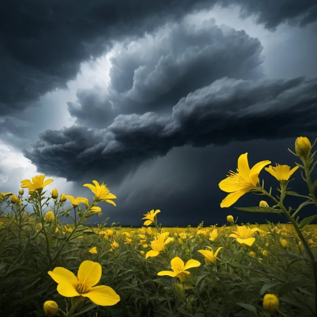 Prompt: dark sky, heavy clouds yellow flowers are trapped in Whirlwind that carries them up towards the sky