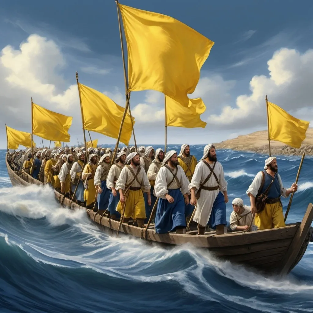 Prompt: Israelites crossing the sea by foot, we see them from the back, men, women and children, no boats, dressed in blue and white, holding big yellow flags, realistic digital painting, historical reenactment, detailed waves, dramatic lighting, high quality, realistic, historical, blue and white clothing, yellow flags, walking, sea crossing, realistic water, dramatic scene