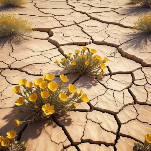 Prompt: Dry, cracked earth with desert-like atmosphere, vibrant yellow flowers peeking from the cracks, high resolution, detailed, realistic, desert landscape, arid, dry climate, cracked texture, yellow flowers, natural sunlight, warm tones, atmospheric lighting, realistic rendering