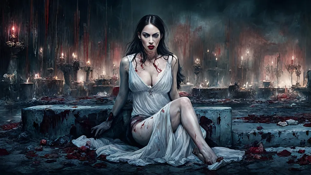 Prompt: cinematic character oil portrait, young vampire Megan Fox, pale white skin, very skinny, blood dripping off chin, blood on chest and cleavage, long legs, tiny black lace top, short mini-skirt, big round deep cleavage, muted dark muted sleazy night club background, half body, eerie, mysterious, dangerous, blood thirsty, shifty, hyperdetailed, ultra-realistic, cinematic lighting, UHD, style of VtM, by Clyde Caldwell, Undead, Vampire the Masquerade, World of Darkness,