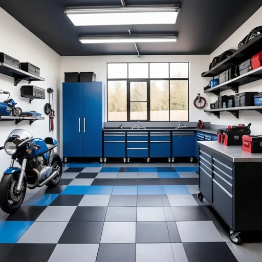 Prompt: design a modern home garage that is clean. install blue and grey grid style flooring with matte black tool boxes and work benches.  have a classic Italian car and a modern motorcycle.
