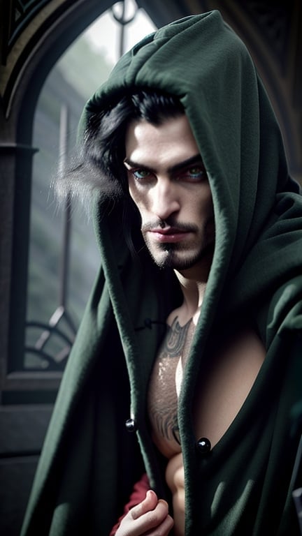 Prompt: A profile of male, dark elf with obsidian skin and emerald green eyes with black pupils, exotic white hyperrealistic hair and sparse, angular facial hair, with a piercing in his left brow, elven man dressed in a hooded cloak, holding two scimitars
