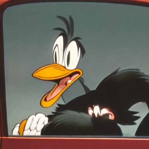 Prompt: Daffy duck slamming his penith in the car door