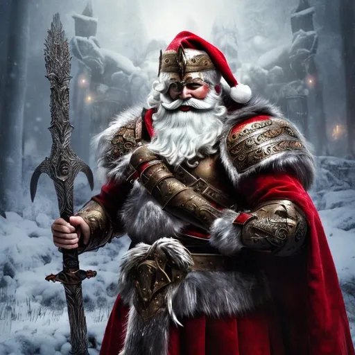 Prompt: Warrior Odin as Santa, festive armor, majestic beard, detailed armor design, mythical atmosphere, high quality, fantasy, festive colors, epic lighting, detailed fur cloak, powerful stance, festive, Norse mythology, Santa Claus