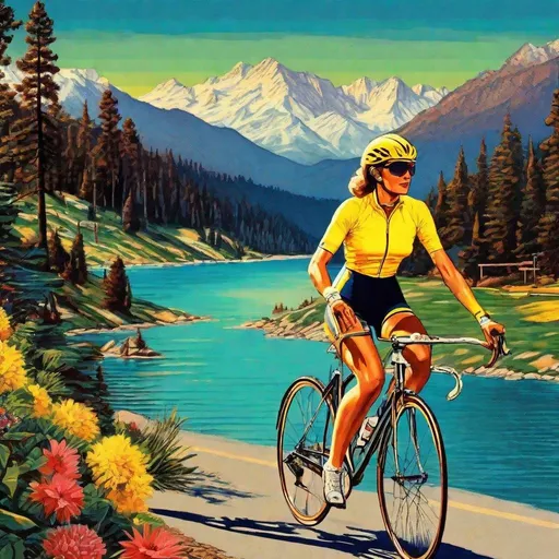 Prompt: Retro 80s art of a woman riding Tour de France style bike, yellow jersey, Lake Tahoe mountains, lake background, vibrant colors, scenic landscape, detailed bike, high quality, retro, 80s, woman cyclist, vibrant colors, scenic mountains, detailed bike, vintage, atmospheric lighting