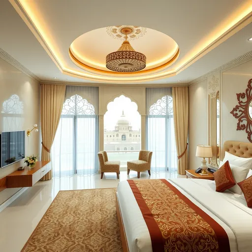 Prompt: interior design and features of a hotel room for a religious tourist destination in 2028 in North India