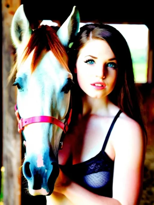 Prompt: pretty wearing sheer crop top and cut off shorts brushing horse inside a barn