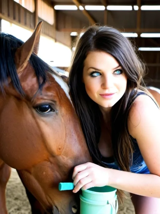Prompt: cute shy wearing tubetop and daisydukes inside horse barn on hands and knees cleaning horse. view from side